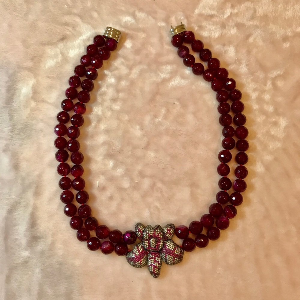 Deep Pink Double Strand Necklace w Pave CZ Orchid